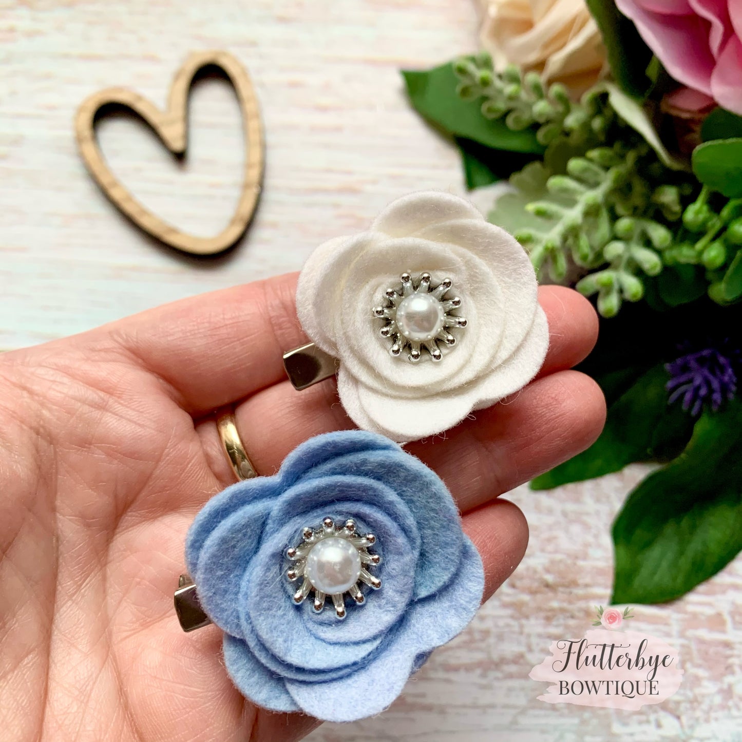 Pearl Felt Flower Clips