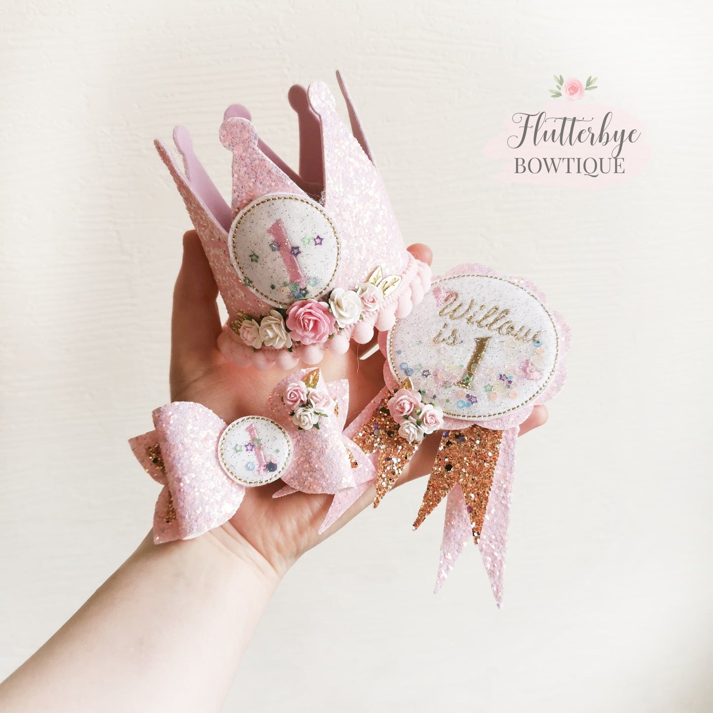 New Shaker Birthday Crown and Badge, Cake Smash Props - Flutterbye Bowtique