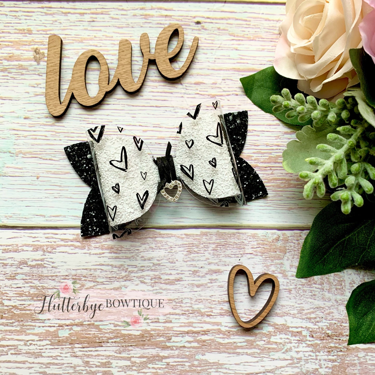 Monochrome Hearts Sparkle Glitter Hair Bow