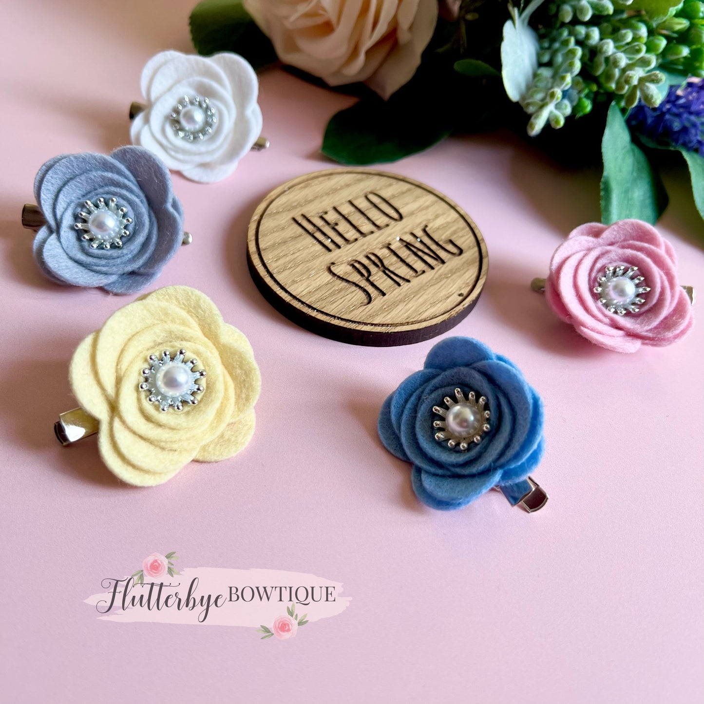 Pearl Felt Flower Clips