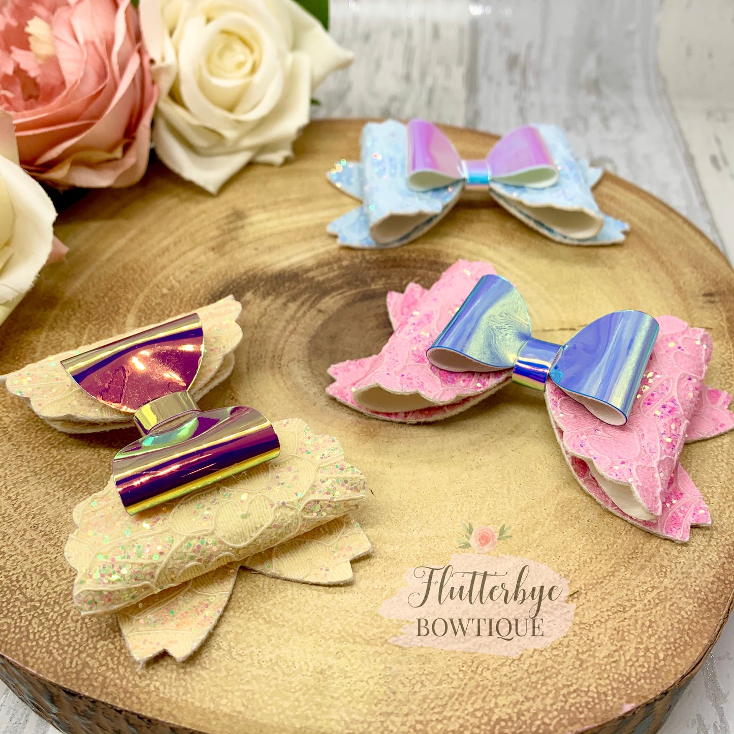 Iridescent Glitter Lace and Mirror Scalloped Double Bow - Flutterbye Bowtique