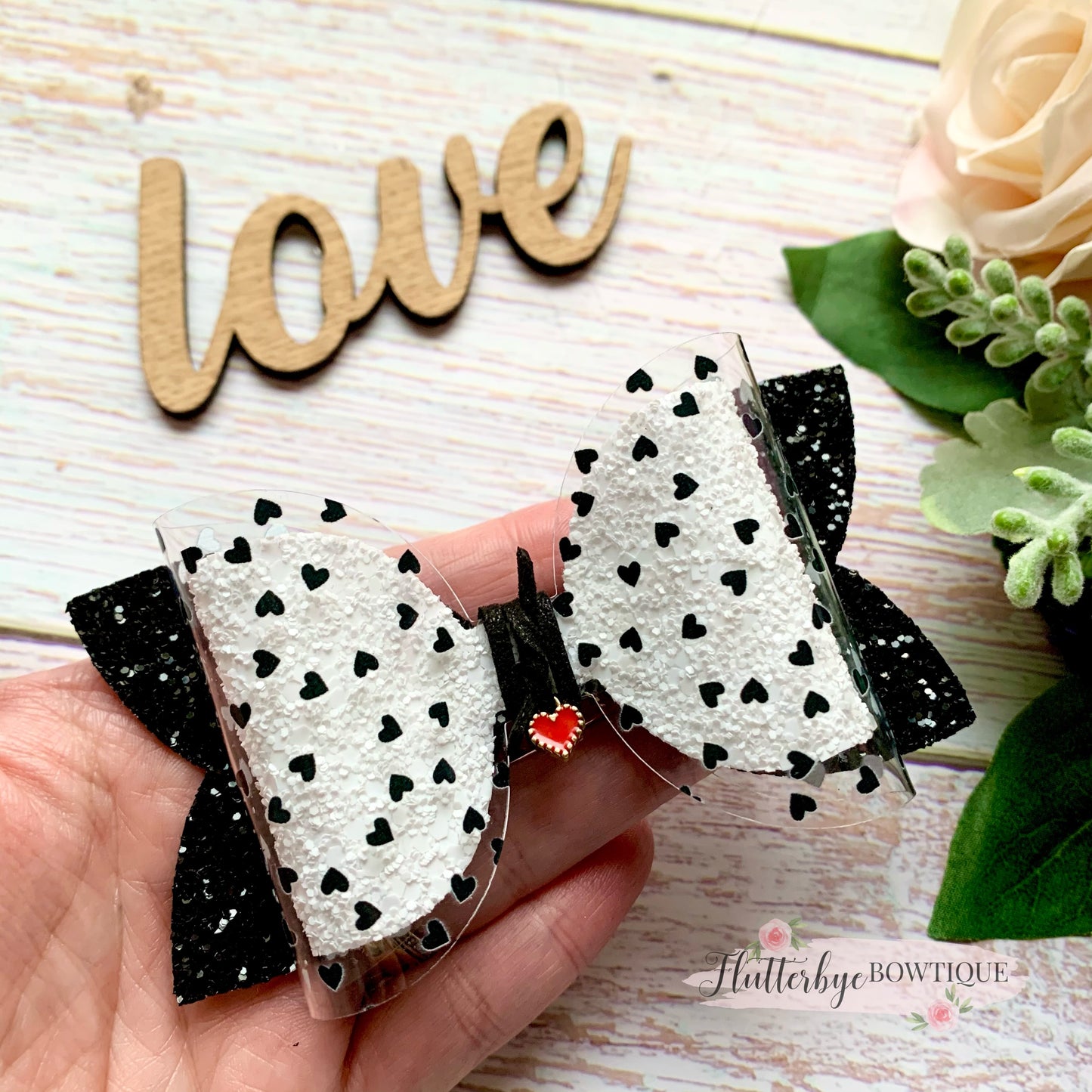 Tiny Monochrome Hearts Sparkle Glitter Hair Bow