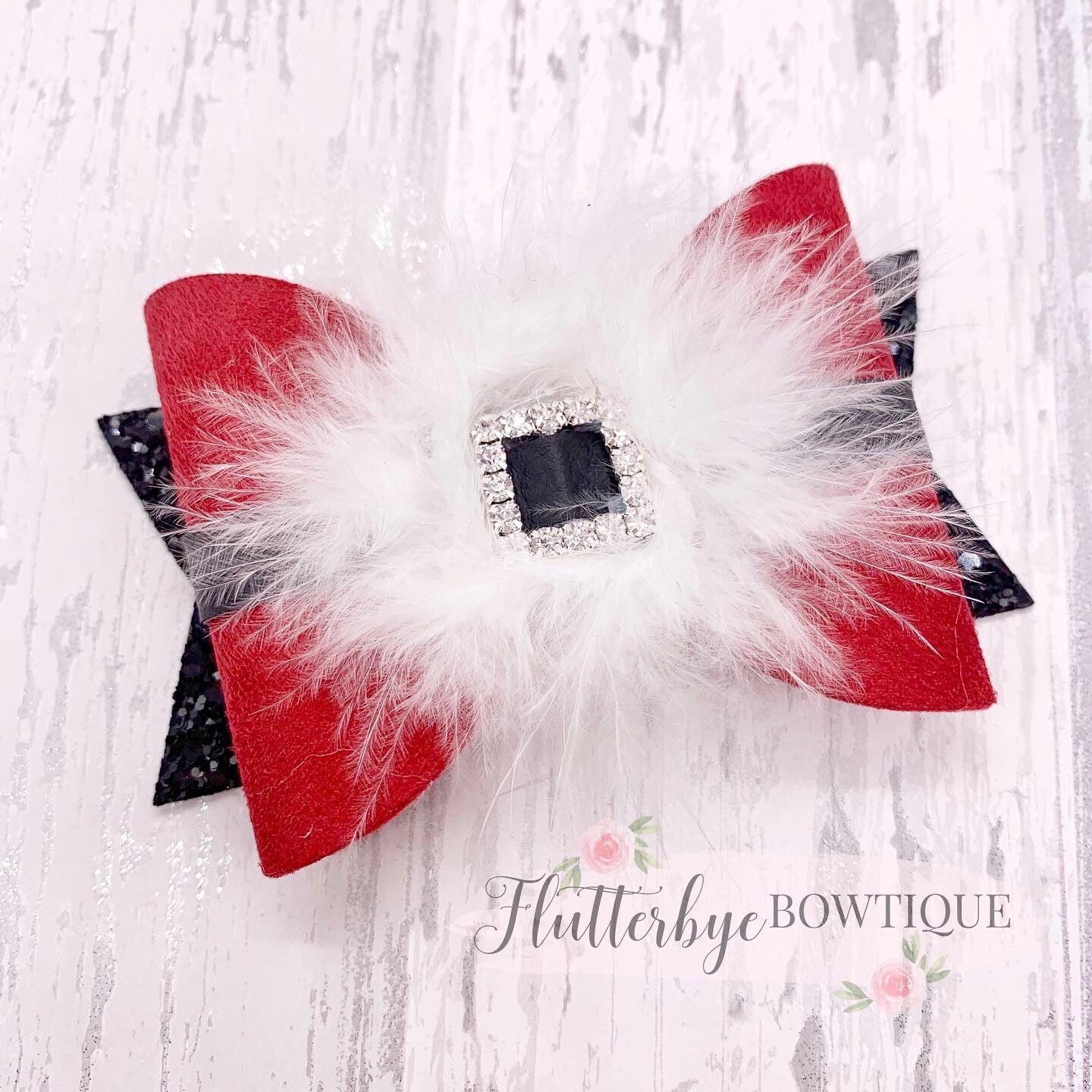 Marabou Santa Hair Bow, Santa's Belt Clip - Flutterbye Bowtique