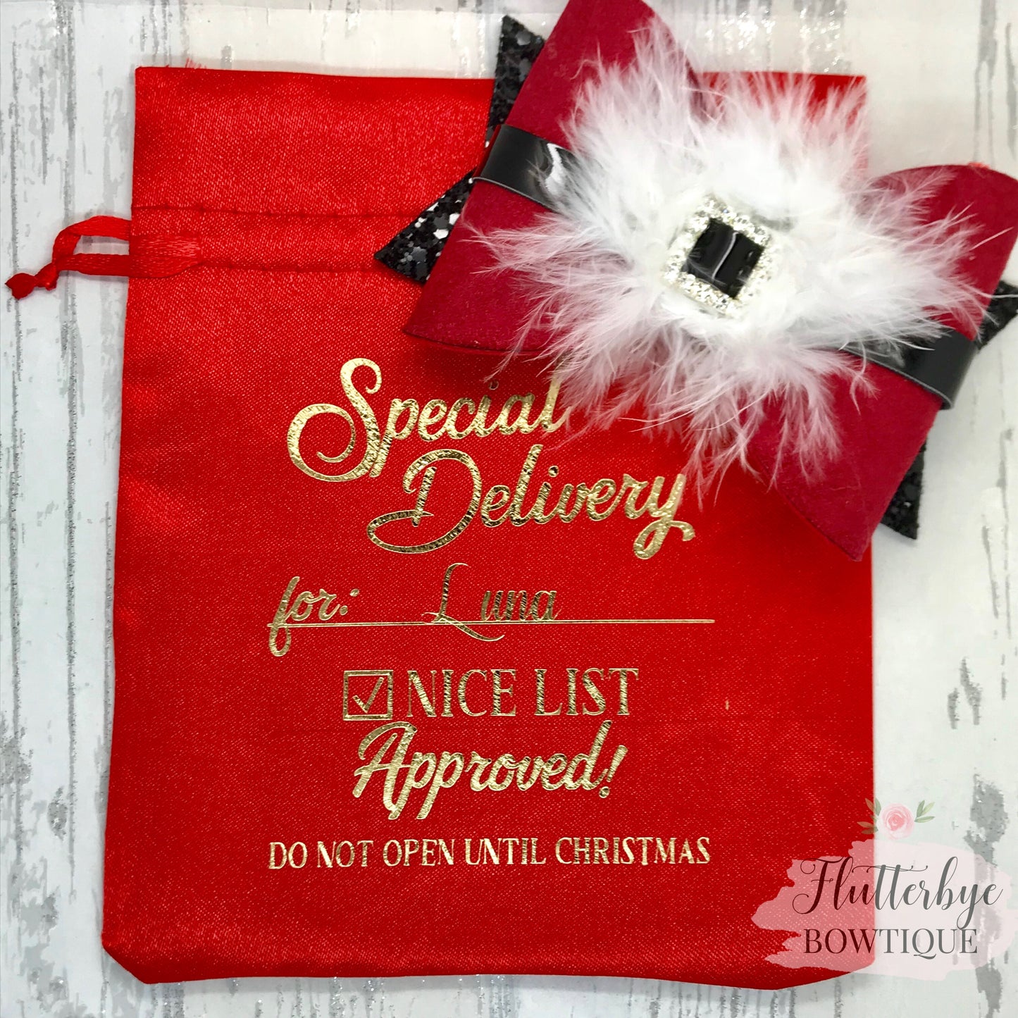 Marabou Santa Hair Bow, Santa's Belt Clip - Flutterbye Bowtique
