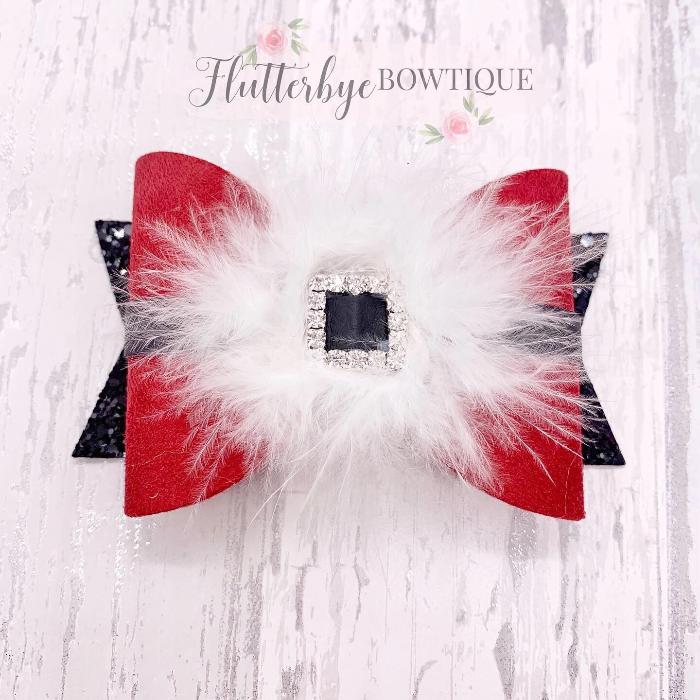 Marabou Santa Hair Bow, Santa's Belt Clip - Flutterbye Bowtique