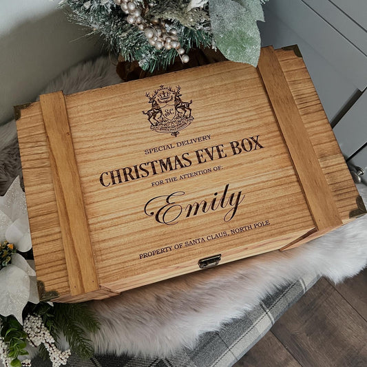 Engraved Christmas Eve Box, personalised festive wooden box