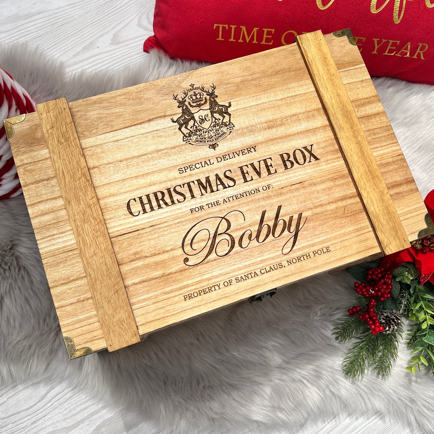 Engraved Christmas Eve Box, personalised festive wooden box