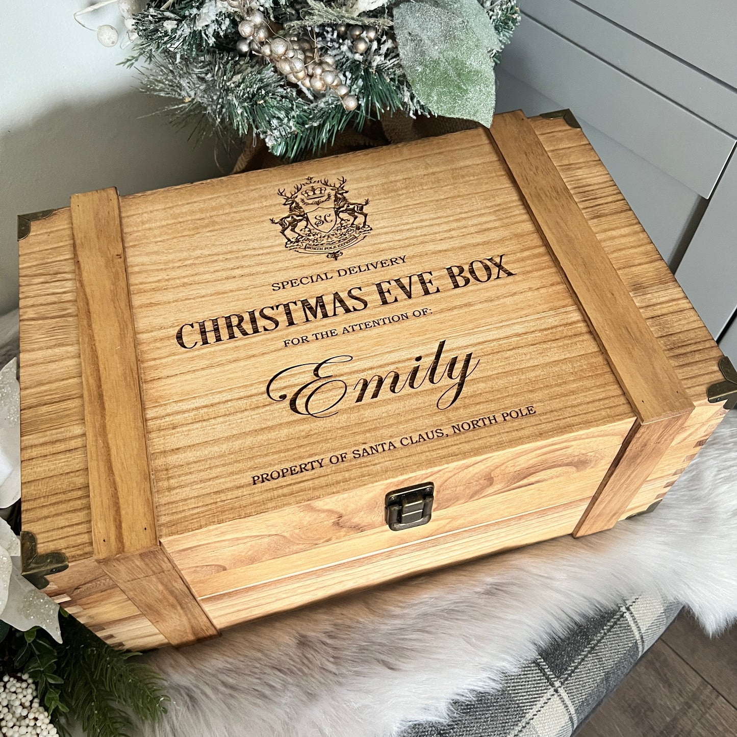 Engraved Christmas Eve Box, personalised festive wooden box