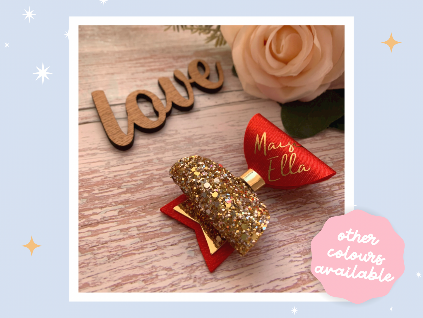 Personalised Red Satin Bow, Gold Glitter Name Bow
