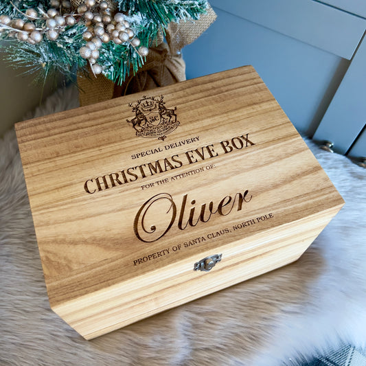 Engraved Christmas Eve Box, personalised festive wooden box
