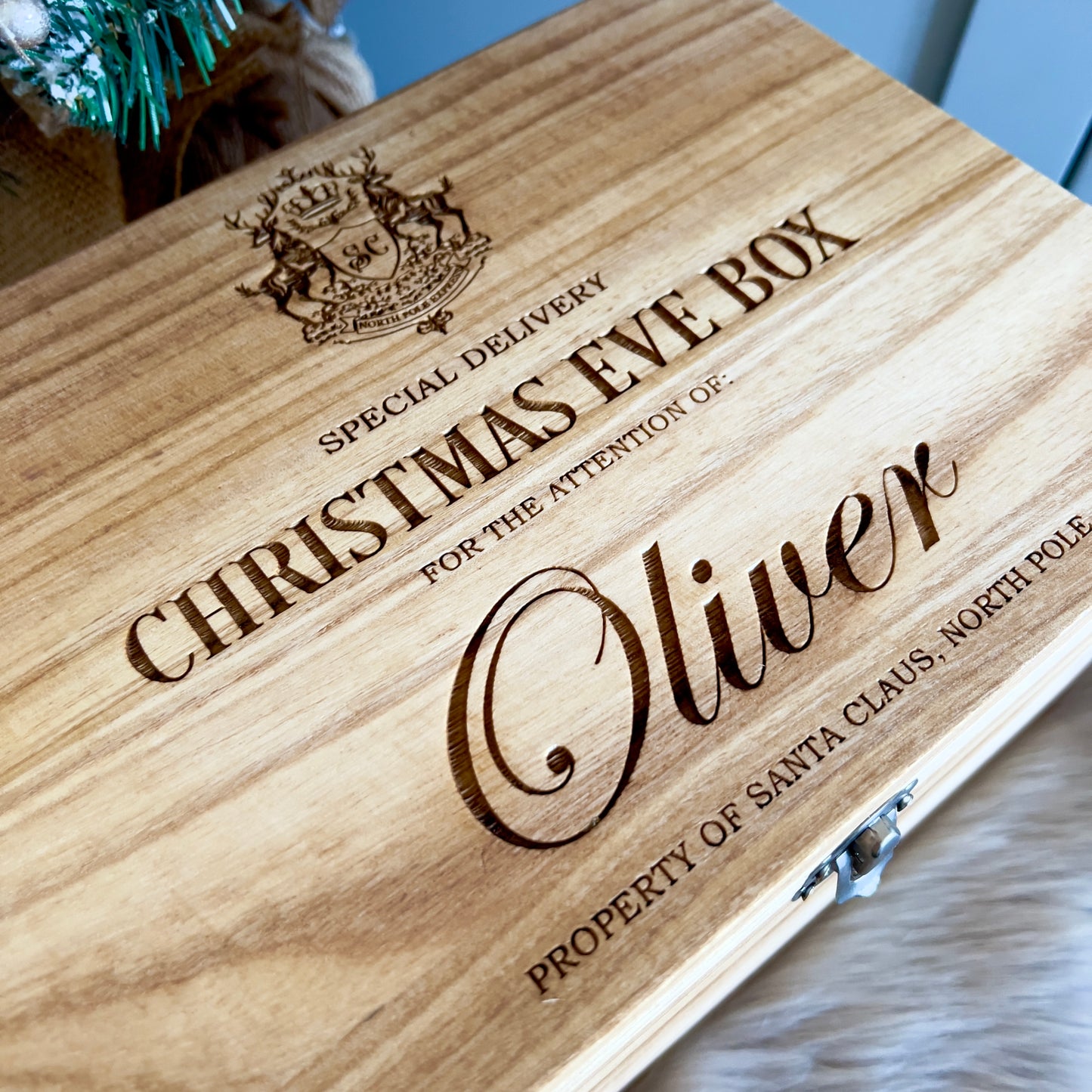 Engraved Christmas Eve Box, personalised festive wooden box