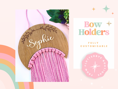 Personalised Wooden crescent Macramé Hair Bow Holder
