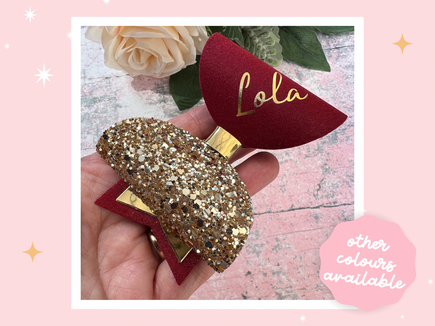 Personalised Burgundy Satin Bow, Gold Glitter Name Bow