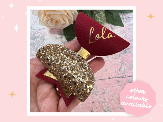 Personalised Burgundy Satin Bow, Gold Glitter Name Bow