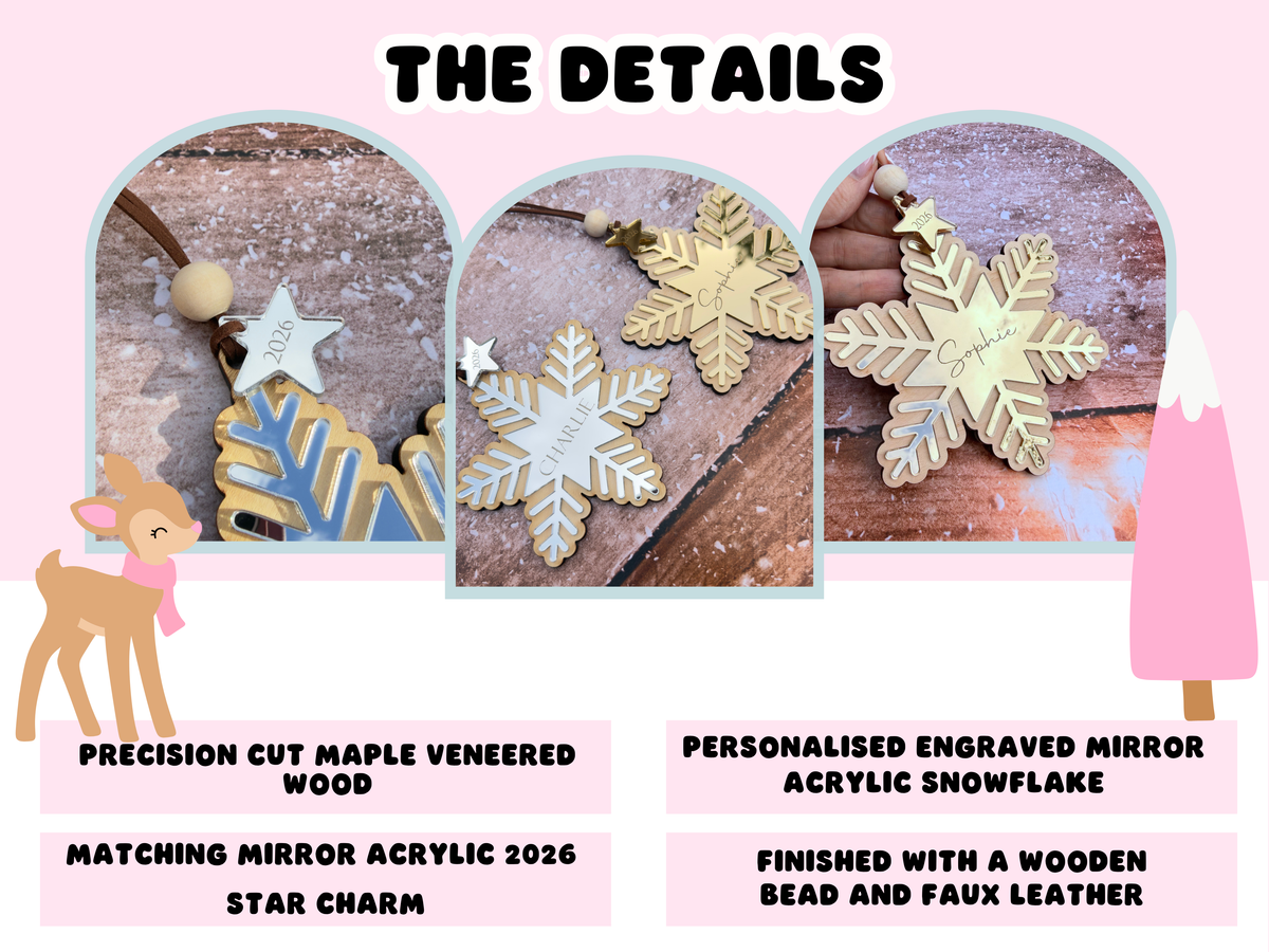 Personalised Wooden Snowflake Christmas Decoration – Gold or Silver, 2026