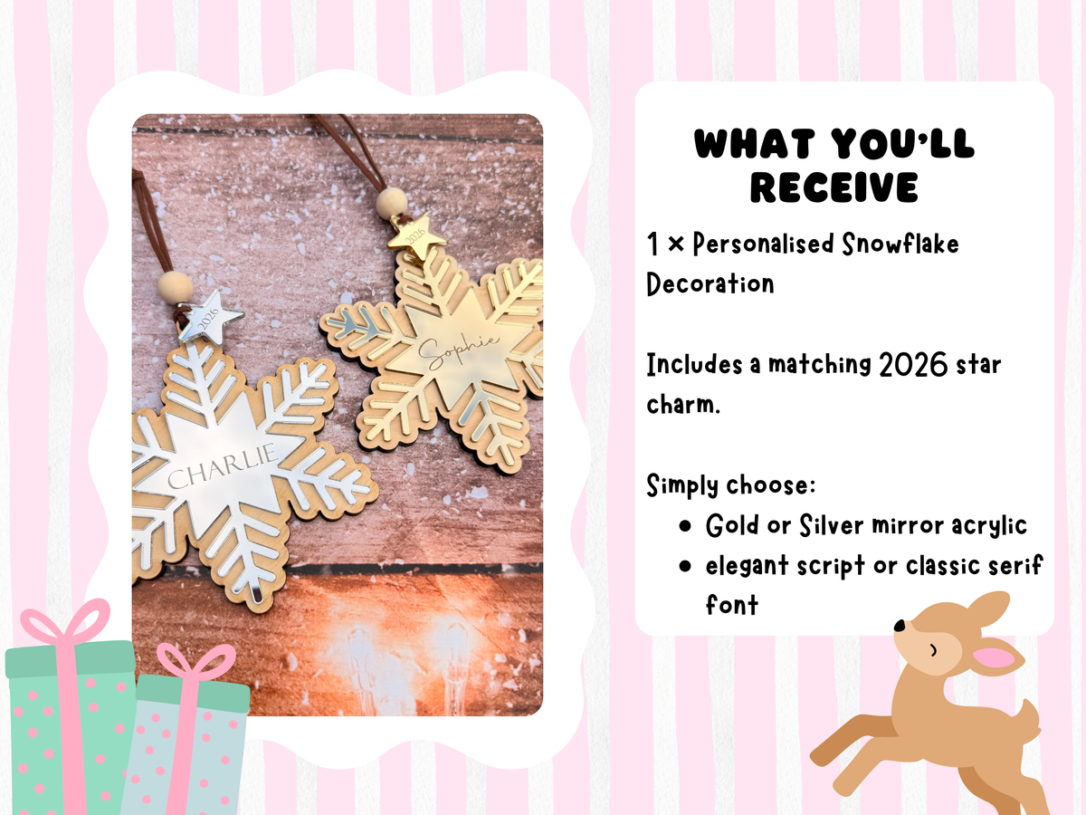 Personalised Wooden Snowflake Christmas Decoration – Gold or Silver, 2026