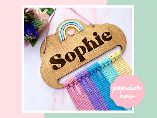 Personalised Wooden Rainbow Macramé Hair Bow Holder