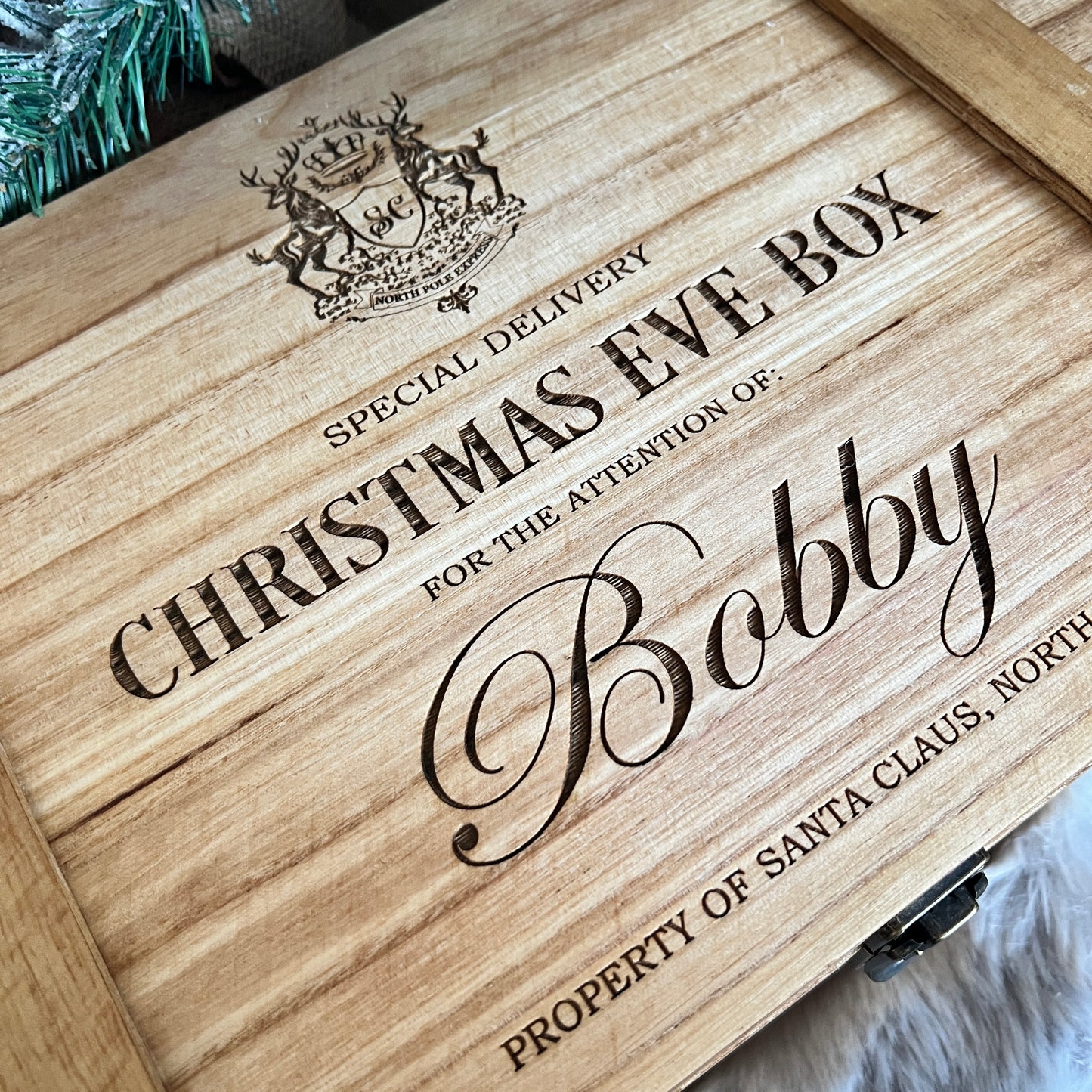 Engraved Christmas Eve Box, personalised festive wooden box