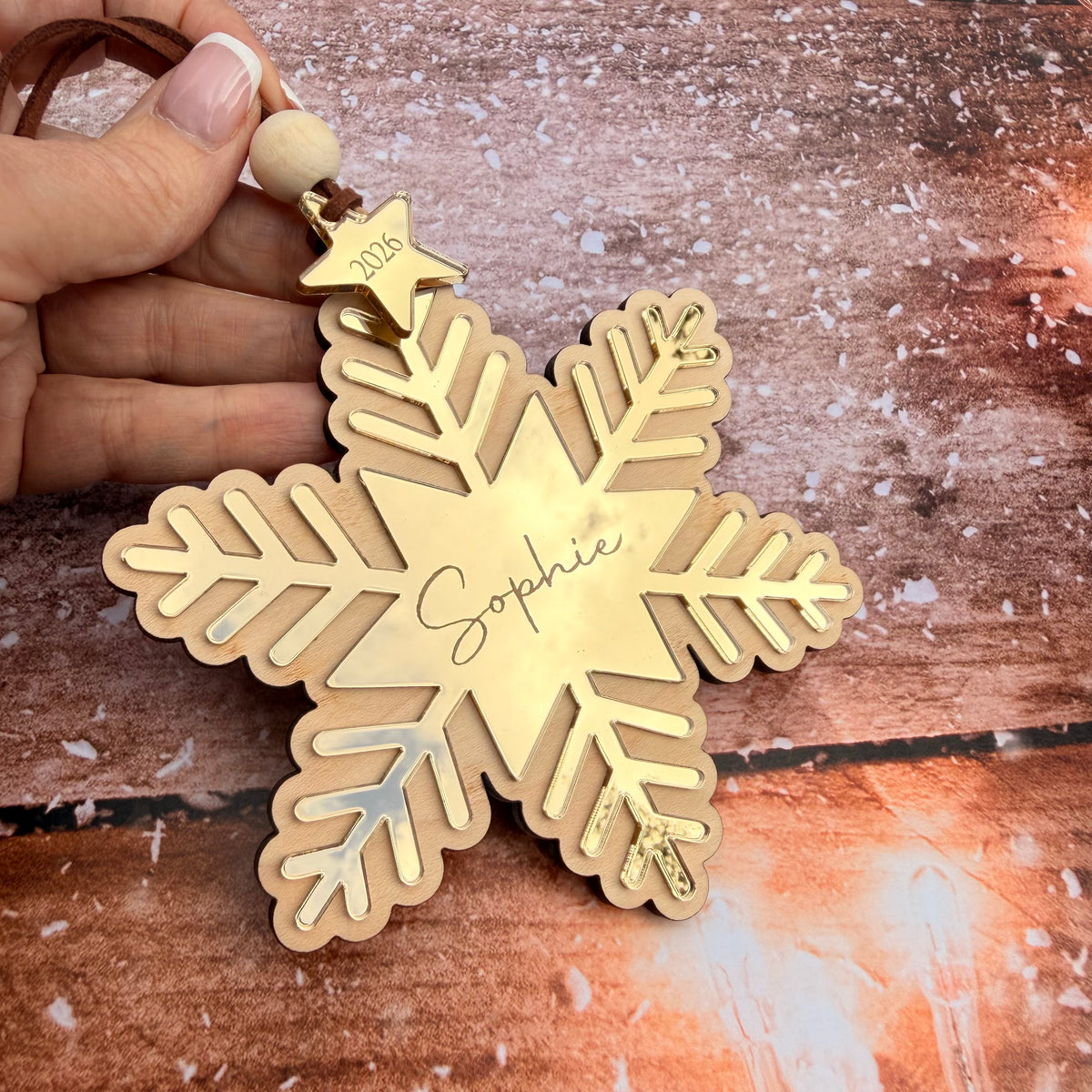 Personalised Wooden Snowflake Christmas Decoration – Gold or Silver, 2026