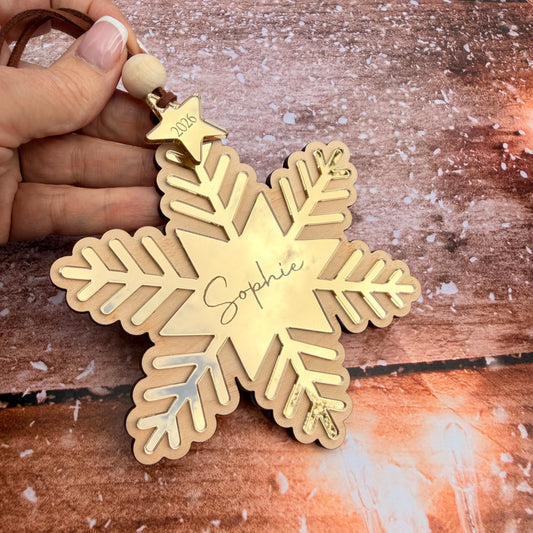 Personalised Wooden Snowflake Christmas Decoration – Gold or Silver, 2026