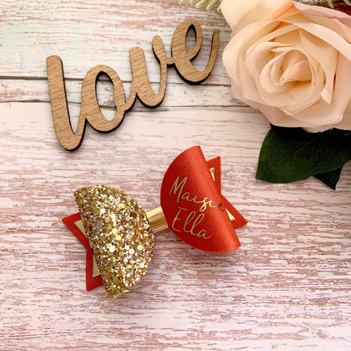 Personalised Red Satin Bow, Gold Glitter Name Bow