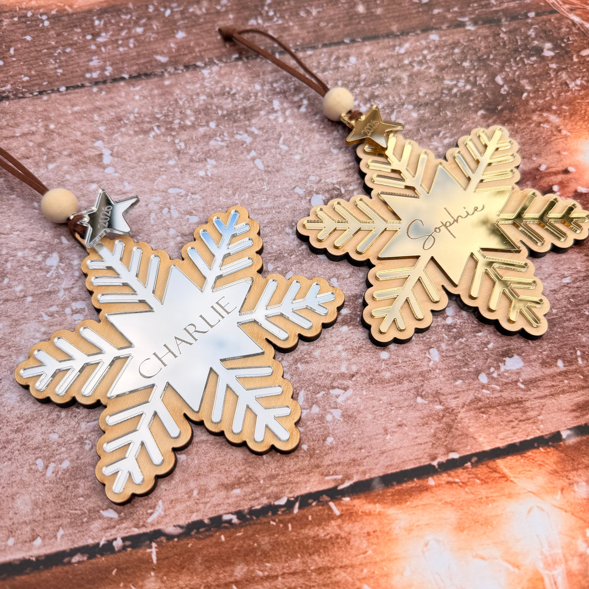 Personalised Wooden Snowflake Christmas Decoration – Gold or Silver, 2026