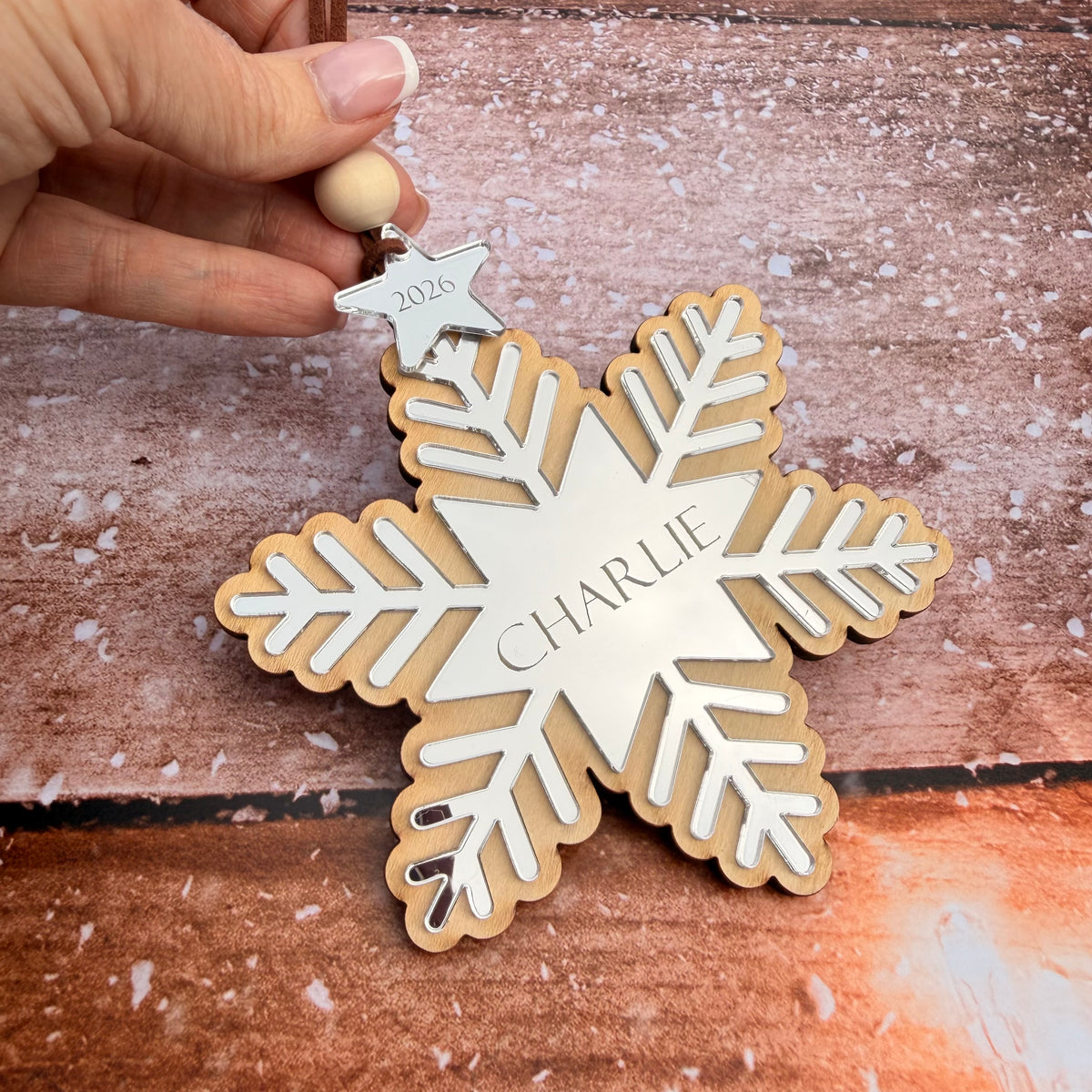 Personalised Wooden Snowflake Christmas Decoration – Gold or Silver, 2026