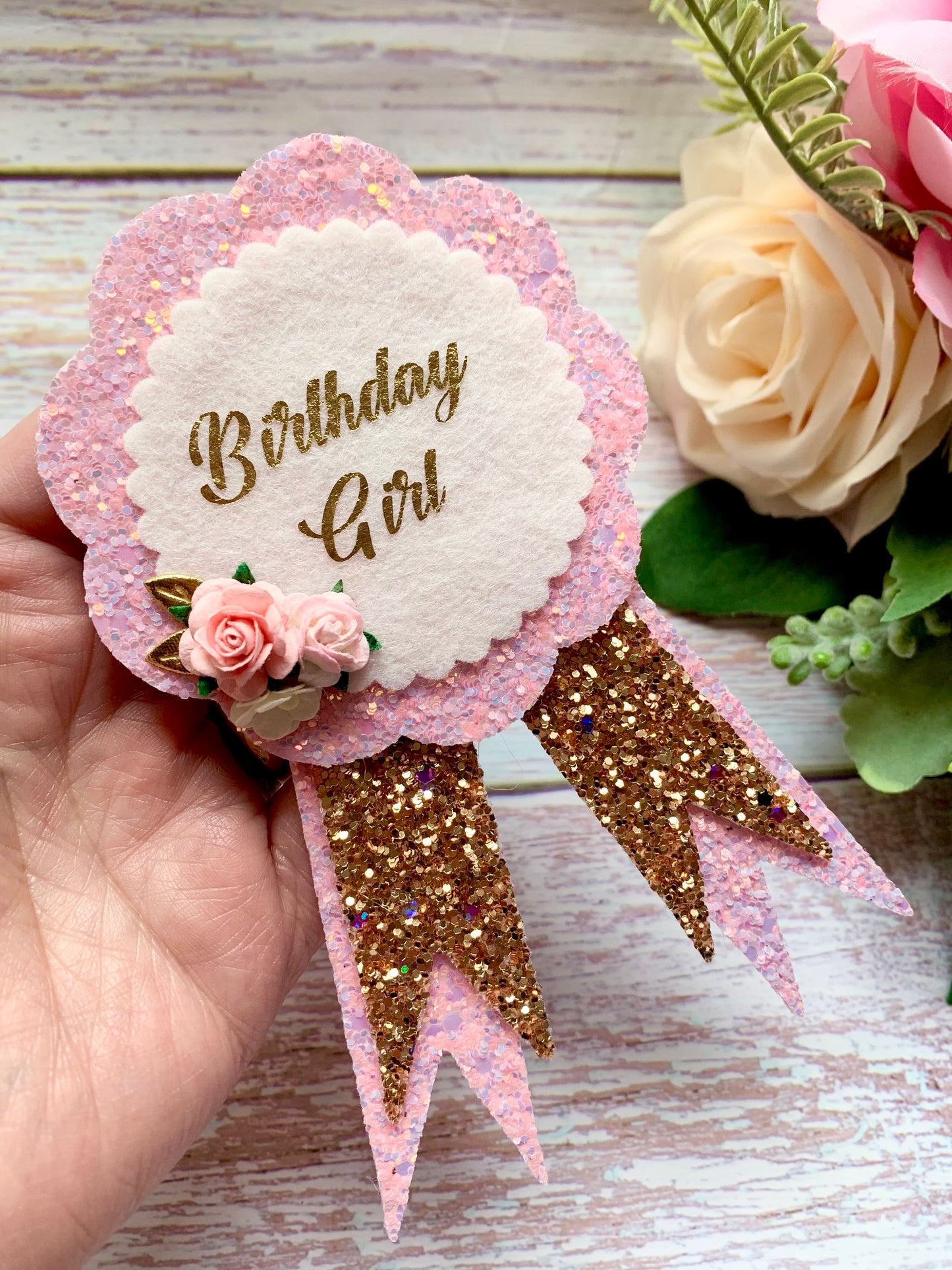 Age Birthday Badge with matching bow, personalised Birthday Rosette
