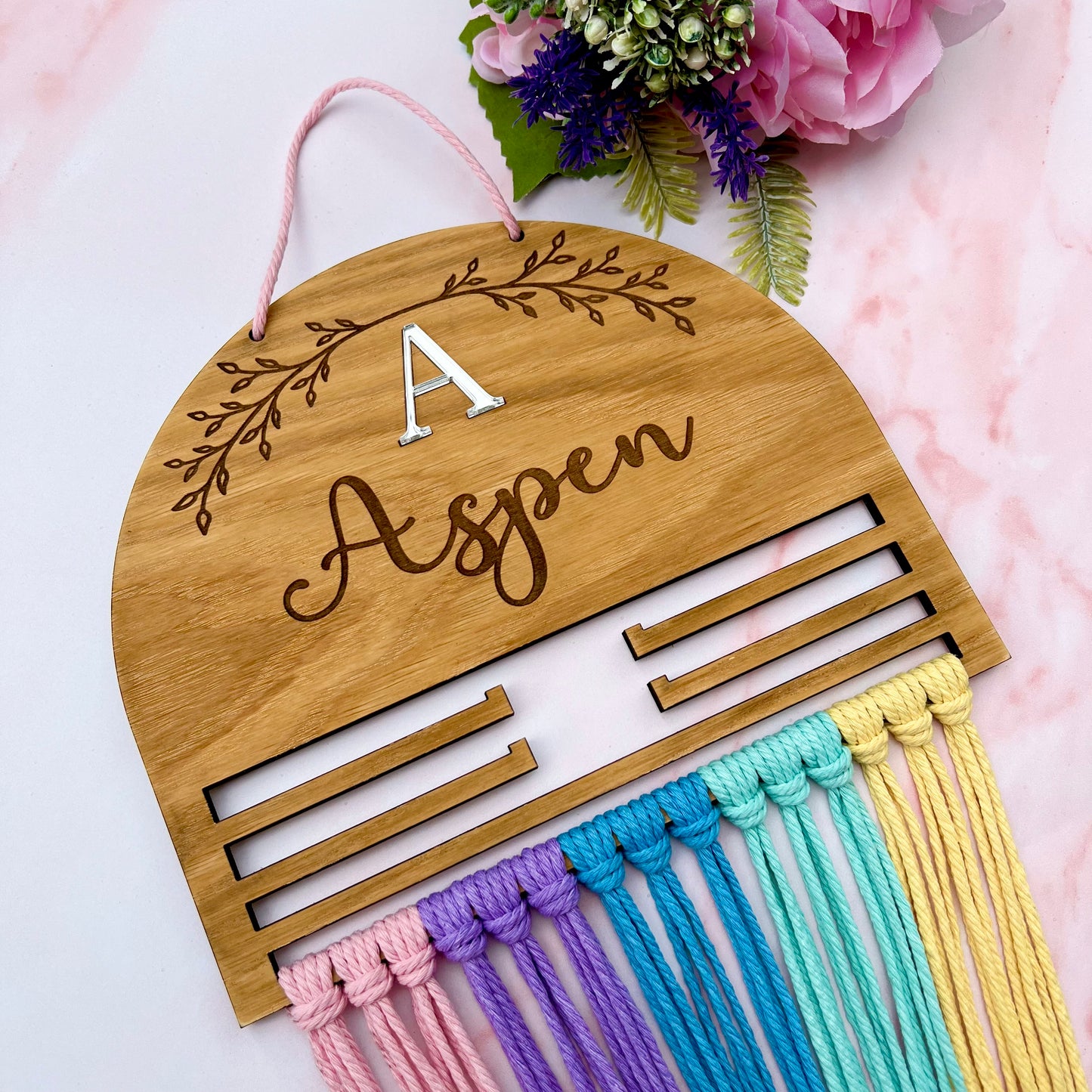 Personalised Wooden Rainbow Macramé Hair Bow Holder