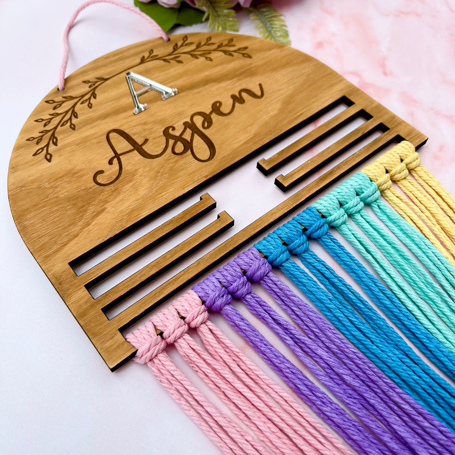 Personalised Wooden Rainbow Macramé Hair Bow Holder