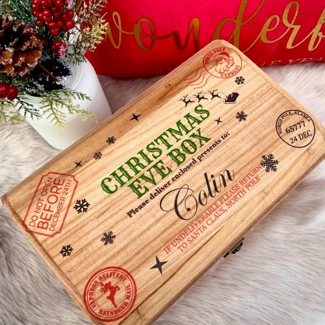 Christmas Eve Box, personalised festive wooden treasure chest