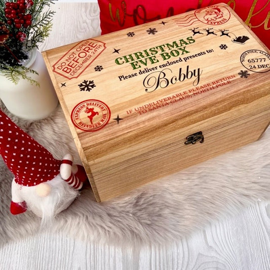 Christmas Eve Box, personalised festive wooden treasure chest