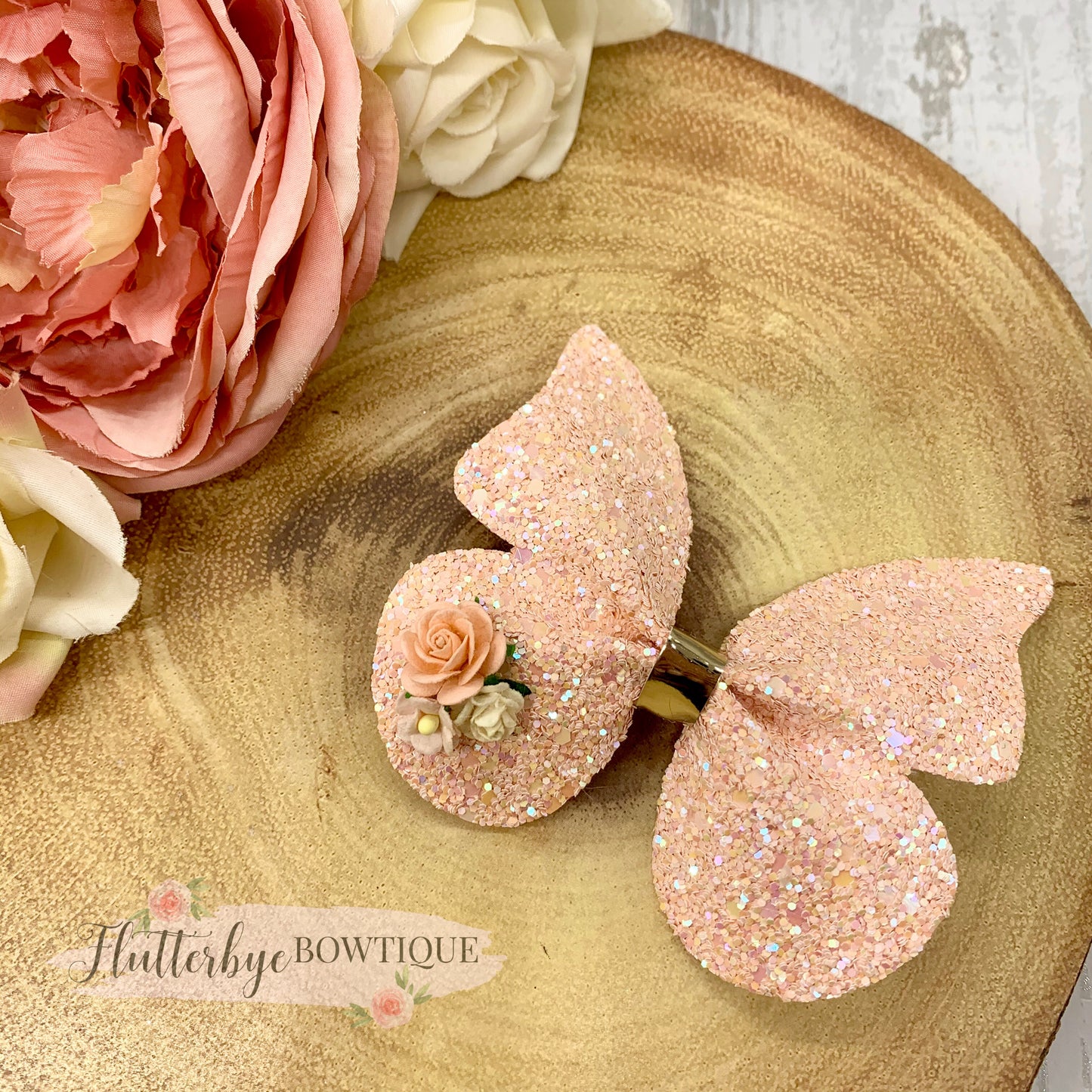 Peach Glitter Butterfly Hair Clip, Floral Butterflies bow - Flutterbye Bowtique