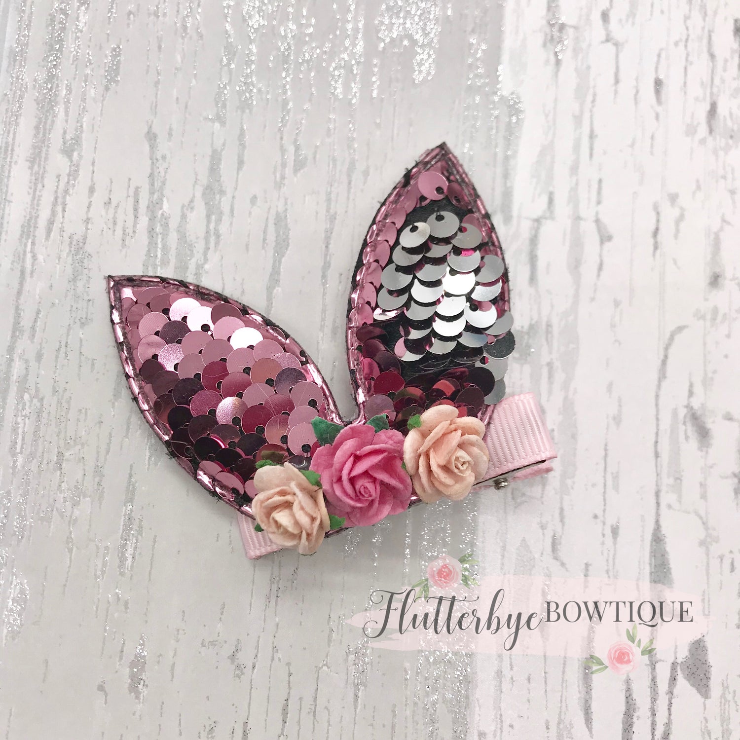 Cute Sequin Bunny Hair Clip, Floral bunny clip set - Flutterbye Bowtique