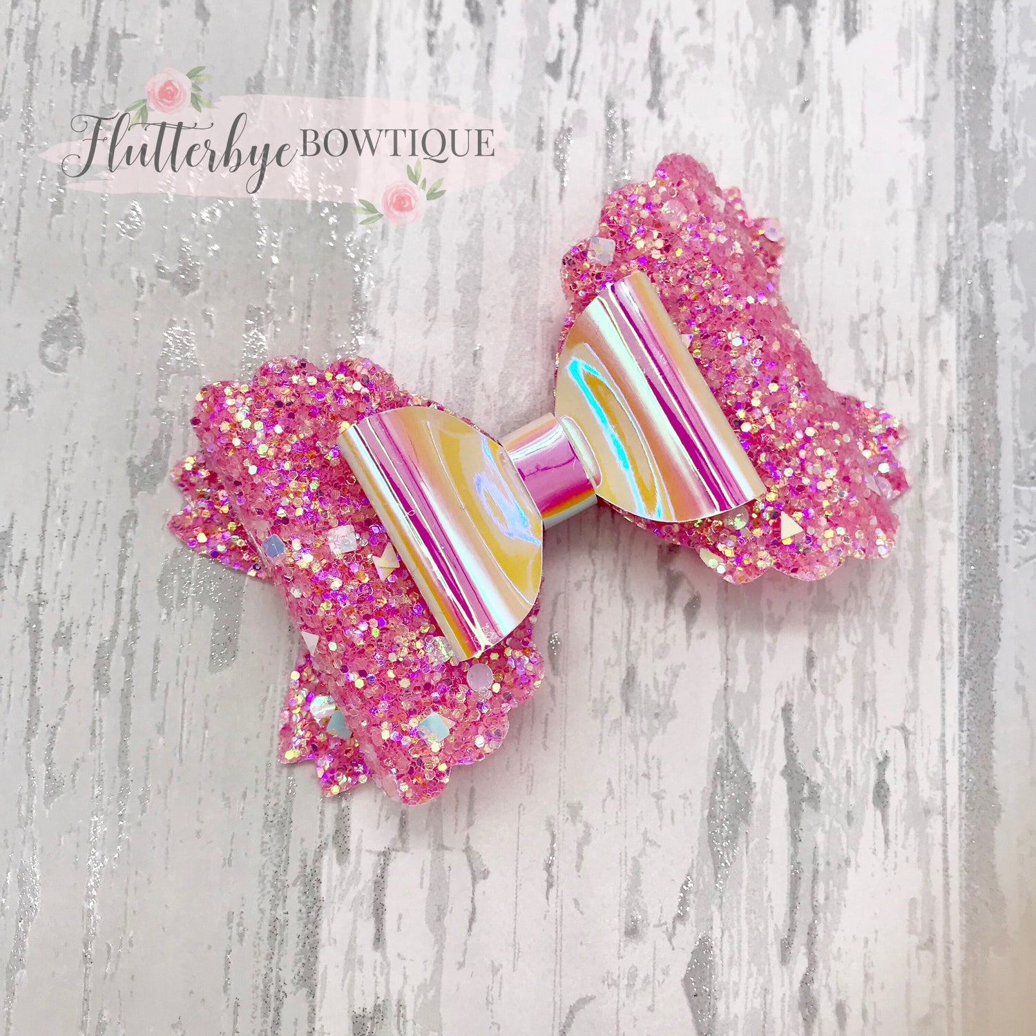 Iridescent Glitter and Mirror Scalloped Double Bow - Flutterbye Bowtique