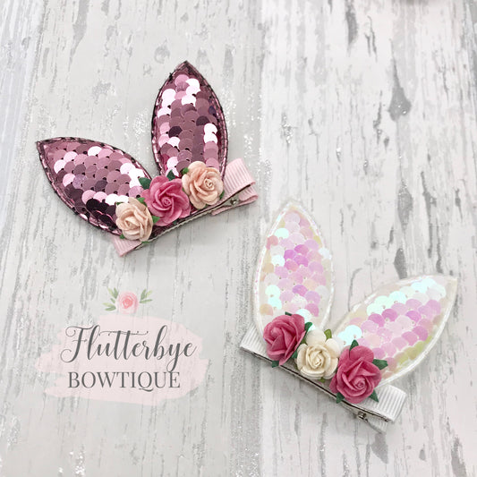 Cute Sequin Bunny Hair Clip, Floral bunny clip set - Flutterbye Bowtique