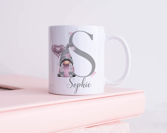 Personalised Pink Gnome Alphabet Mug