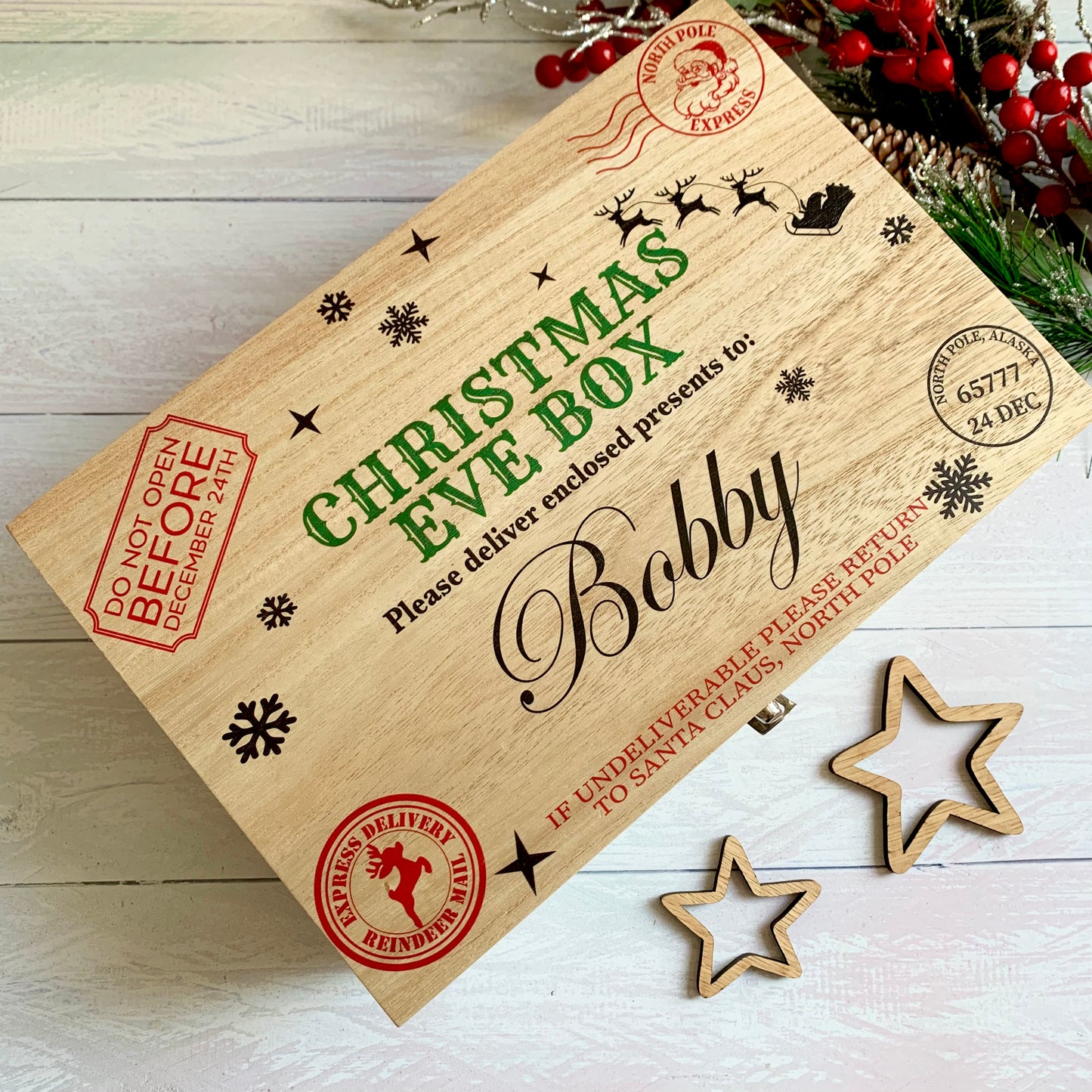 Christmas Eve Box, personalised festive wooden box