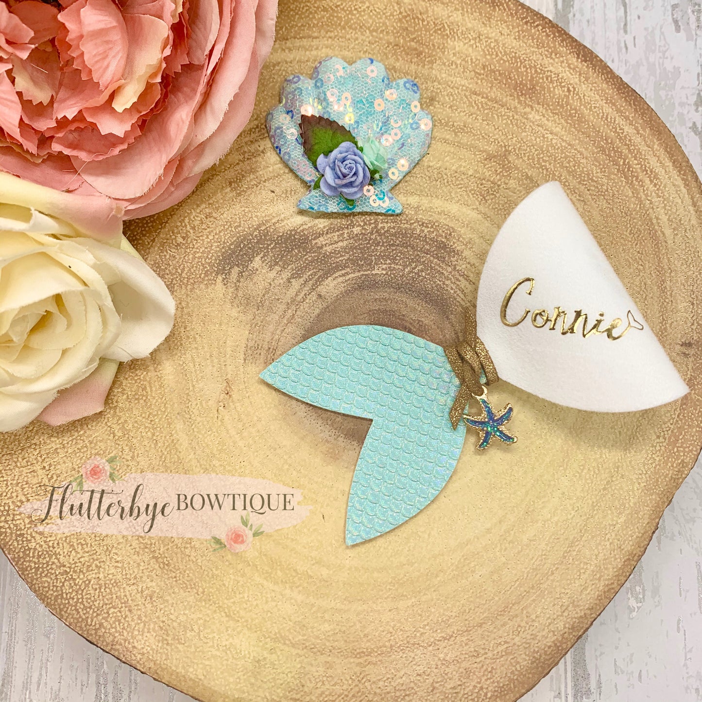 Personalised Mermaid Hair Bow and Shell clip set - Flutterbye Bowtique