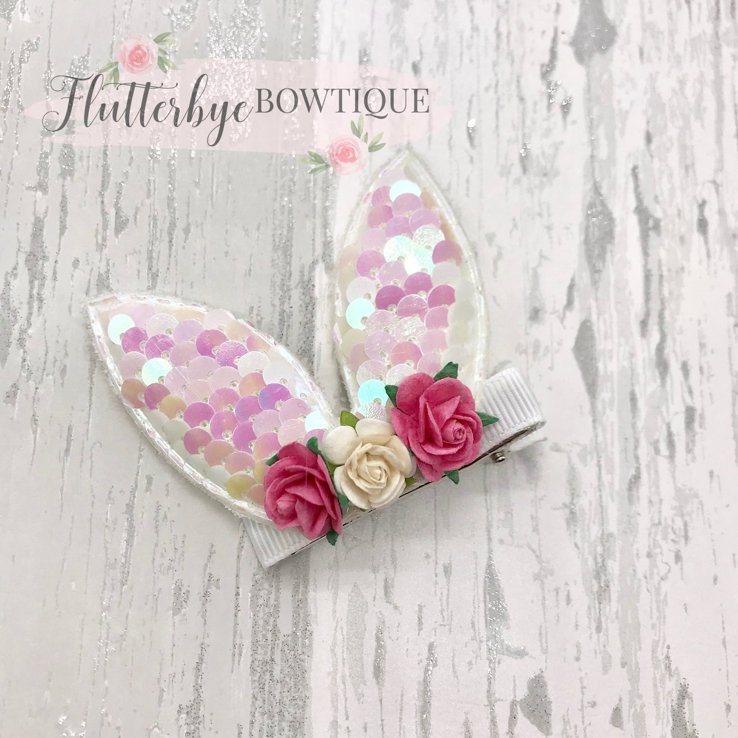 Cute Sequin Bunny Hair Clip, Floral bunny clip set - Flutterbye Bowtique