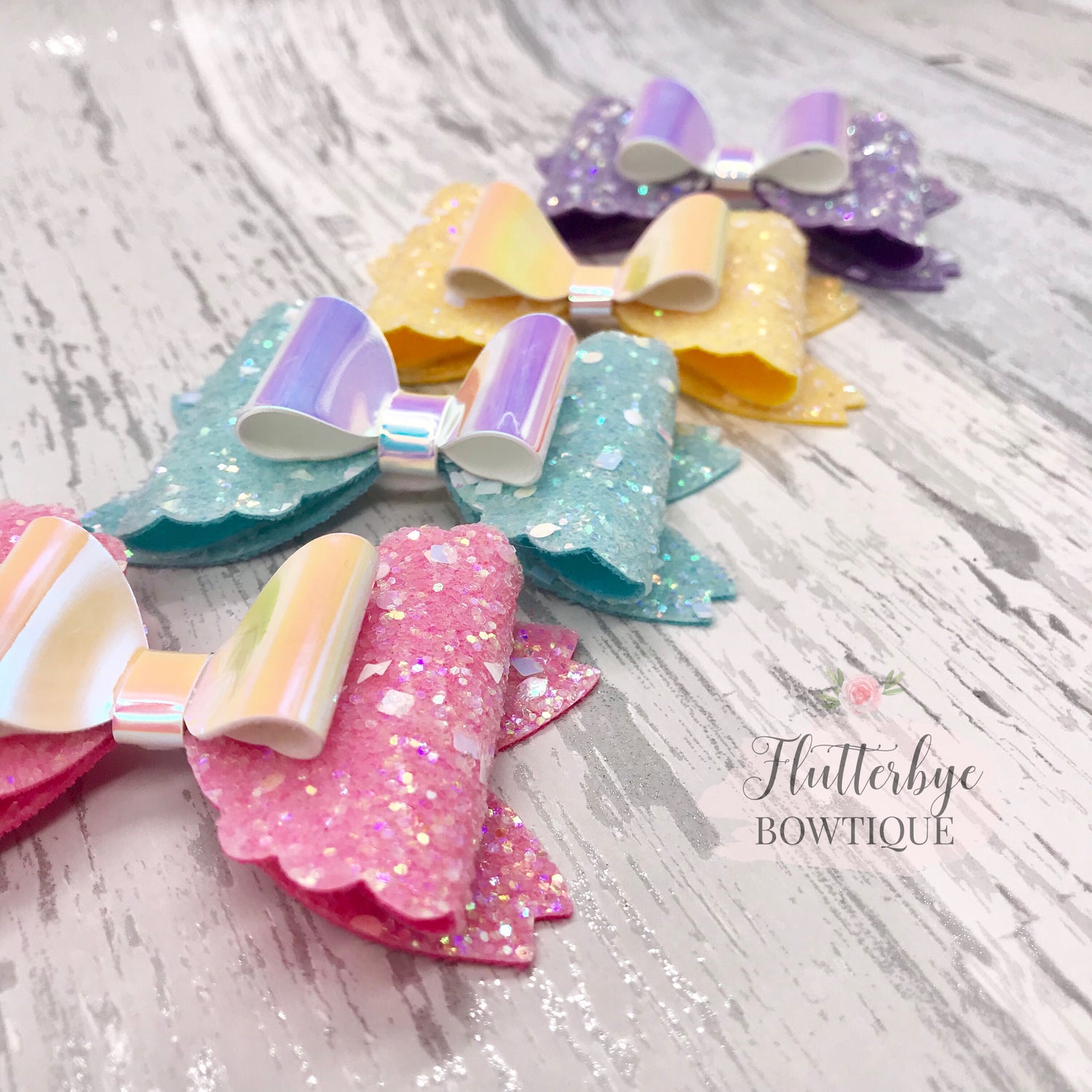 Iridescent Glitter and Mirror Scalloped Double Bow - Flutterbye Bowtique