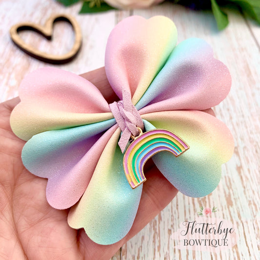 Pastel Rainbow Rosy Posy Hair Bow with Rainbow Charm