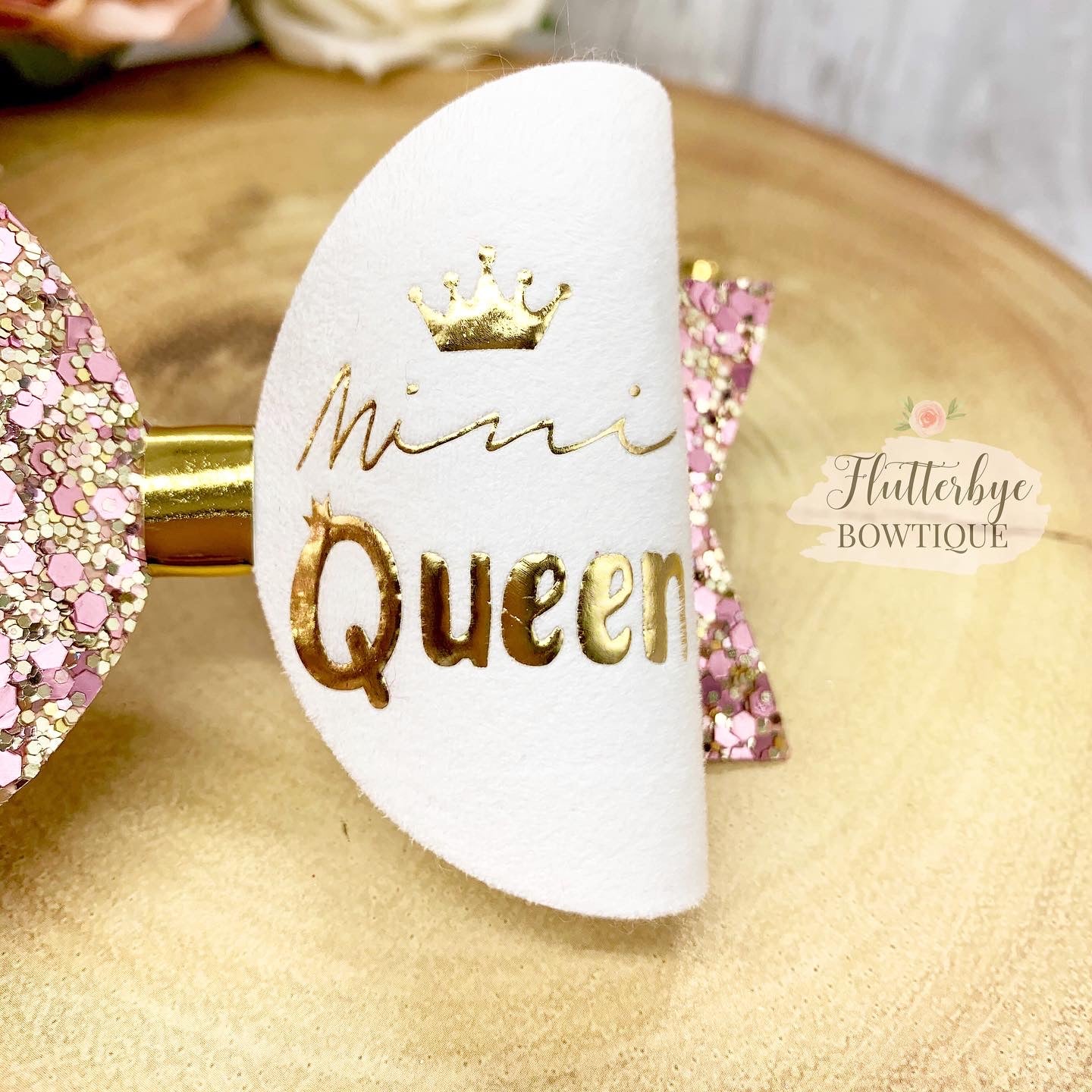 Personalised Mini Queen Set Hair Bow, Crown Bow - Flutterbye Bowtique