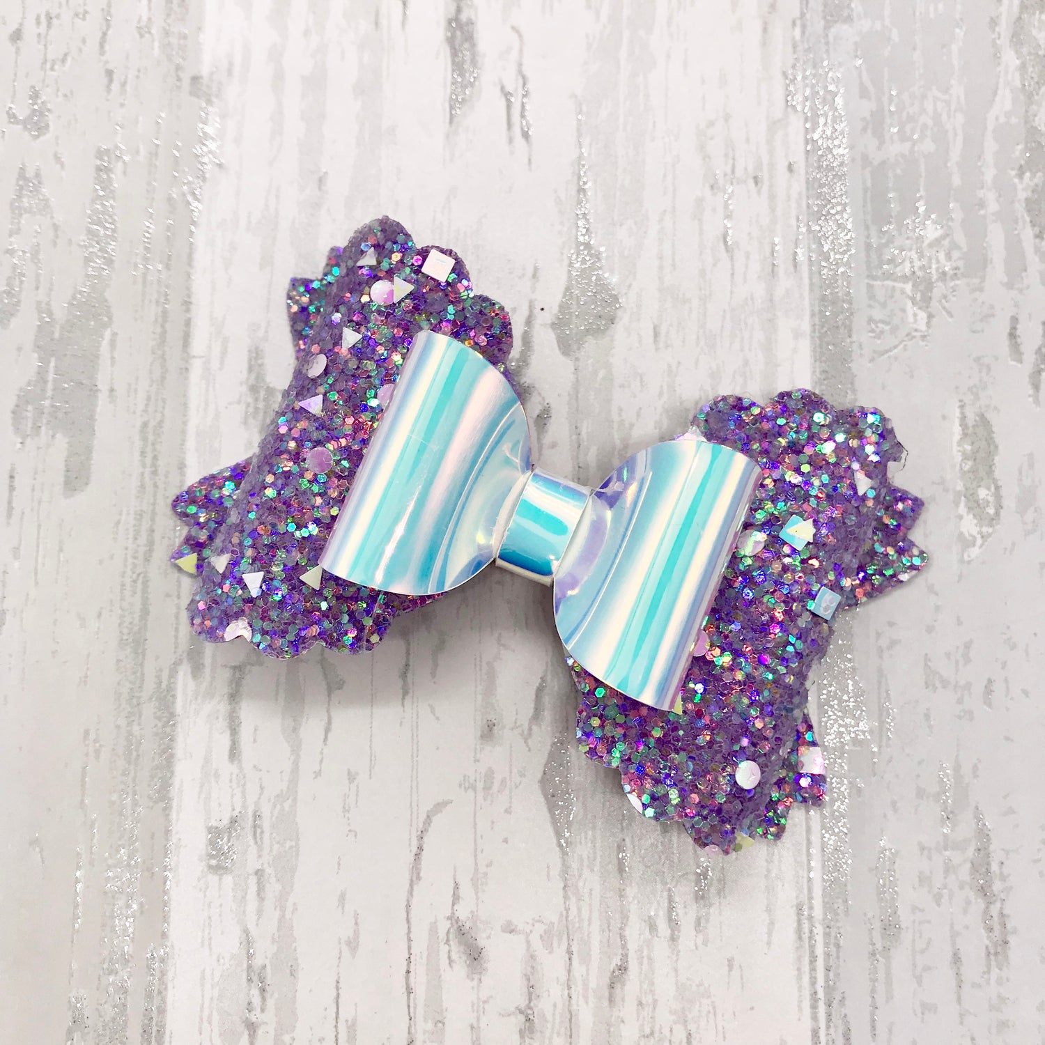 Iridescent Glitter and Mirror Scalloped Double Bow - Flutterbye Bowtique