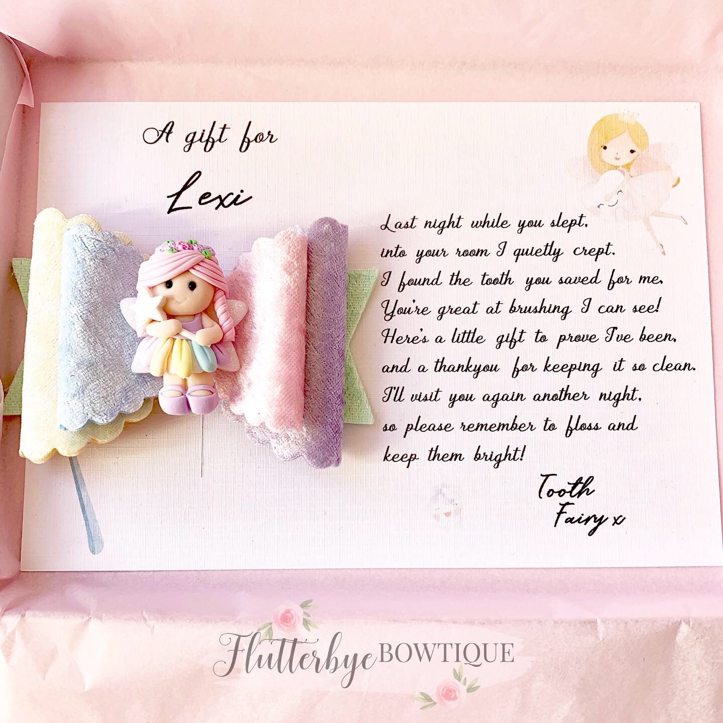 Tooth Fairy Hair Bow and card gift - Flutterbye Bowtique