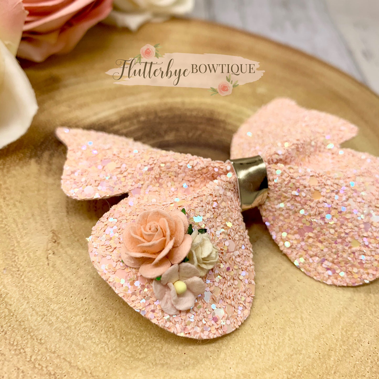 Peach Glitter Butterfly Hair Clip, Floral Butterflies bow - Flutterbye Bowtique