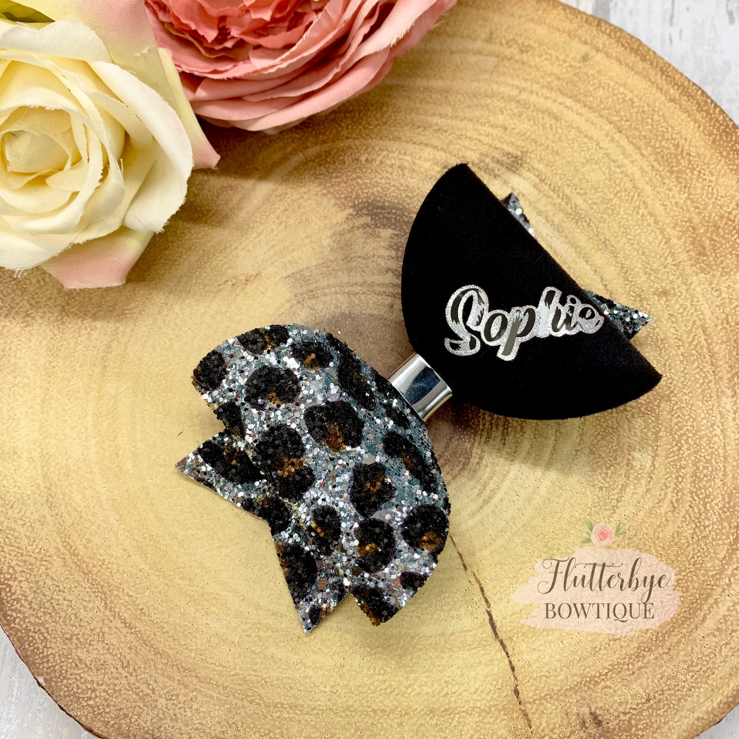 Silver Personalised Leopard Glitter Hair Bow