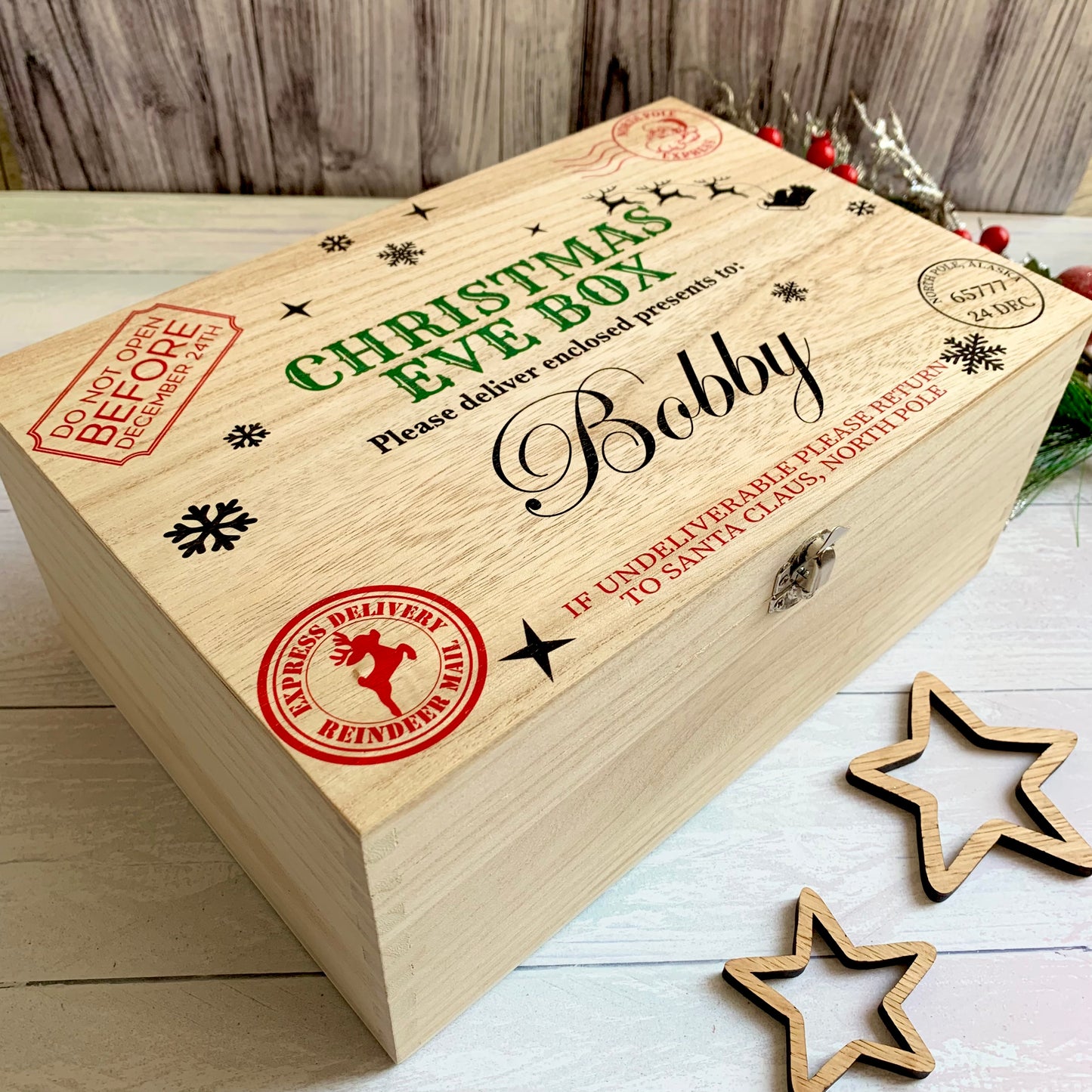 Christmas Eve Box, personalised festive wooden box