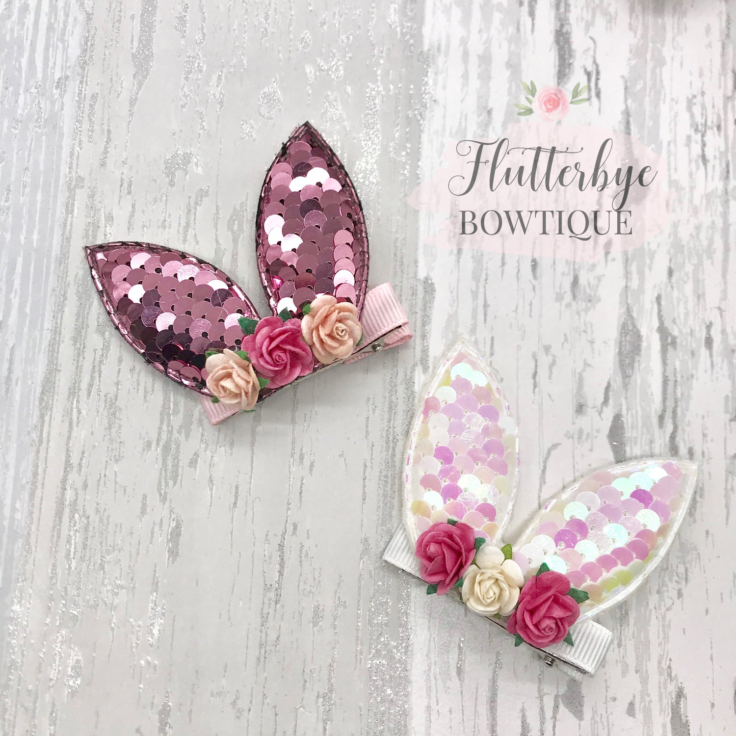 Cute Sequin Bunny Hair Clip, Floral bunny clip set - Flutterbye Bowtique