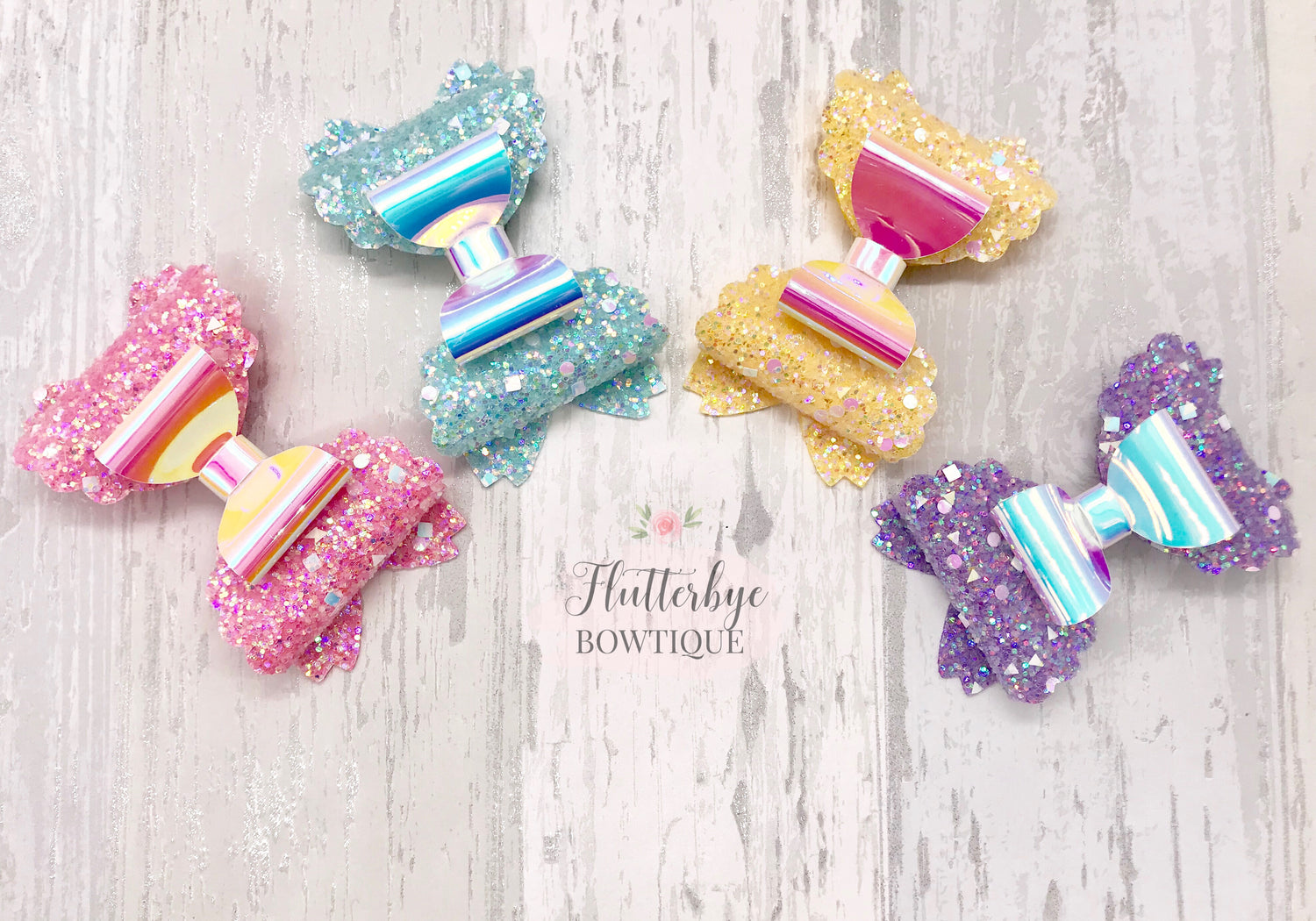 Iridescent Glitter and Mirror Scalloped Double Bow - Flutterbye Bowtique